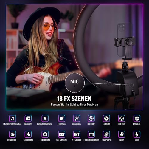 NEEWER SRP18C RGB LED Ringlicht Set ultraschlank App Steuerung mit umkehrbarem Licht Ständer, Telefonhalter, Kugelkopf, 2500K–10000K, CRI 95+/TLCI 97, 3700Lux/0,5m 18 Szenen für TikTok/Make up/Gaming