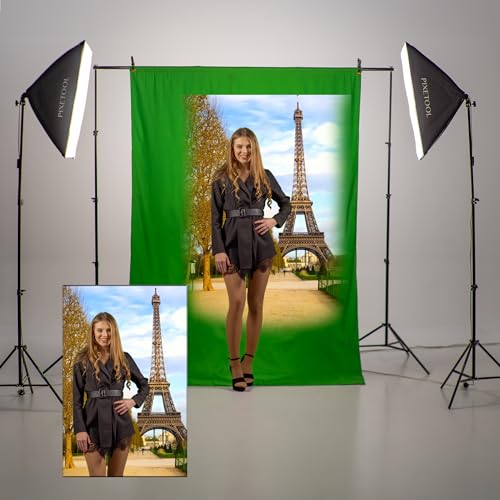 PIXETOOL Fotostudio Set - Greenscreen (1,8 x 2,8 m) mit Ständer (2 x 2 m) - Softbox mit Lampen Set - Green Screen Fotohintergrund - Reflektor - Studiolicht Fotolampe - Streaming Fotografie Hintergrund