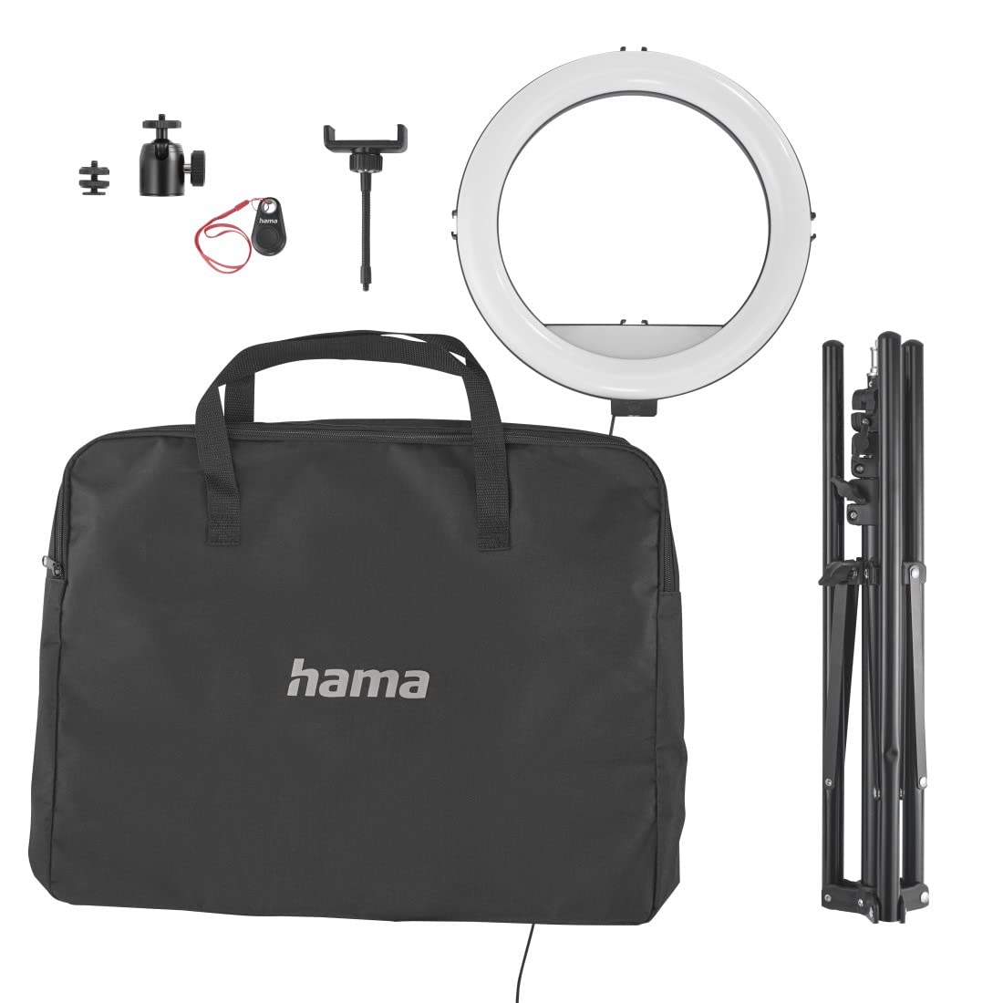 Hama LED Ringlicht mit Stativ Handy (12“ Ringleuchte, 30 cm Durchmesser, Dreibein Stativ für das Smartphone, ausziehbar bis 215 cm, dimmbares Kreislicht, Bluetooth Fernauslöser) schwarz