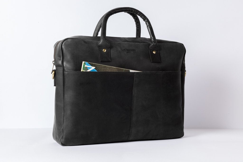 Holzrichter BERLIN Tragetasche No 1-1 (M) schwarz-anthrazit - Große Briefcase-Aktentasche & Laptoptasche handgefertigt aus Premium-Leder