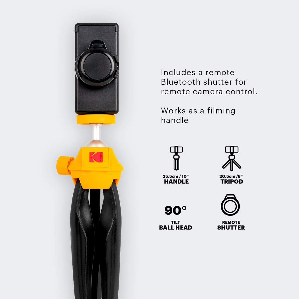 KODAK Smartphone & Vlogging Tripod - Dreibeinstativ/Filming handle für Smartphones & Kameras mit ¼ Schraubbefestigungssystem (Perfekt für Vlogging/Vlogs, Bluetooth-Fernauslöser, Hoch- oder Querformat)