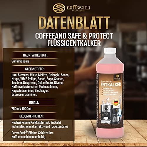 Coffeeano 1000ml Entkalker für Kaffeevollautomaten und Kaffeemaschinen, 8 Anwendungen, für Delonghi, Siemens, EQ Series, Jura, Krups, Bosch, Miele, Melitta, WMF uvm.