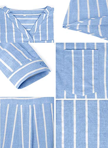 Cindeyar Bluse Damen Langarm Streifen Oberteile Casual Langarmshirt Tops Lose Baumwolle Tunika Hemd (XL, Blau)