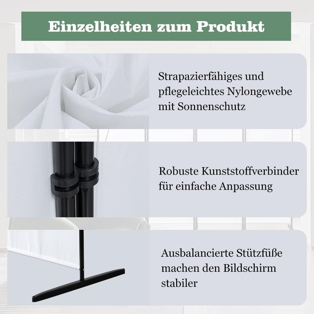 Mingone Raumteiler Trennwand Paravent 5-TLG. Sichtschutz Faltbar mit Metallrahmen Polyester-Mischgewebe für Wohnzimmer, Schlafzimmer, Küche, Büro, Balkon, Garten, Weiß, 250x176cm