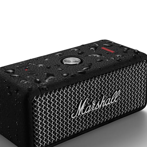 Marshall Emberton II tragbare Bluetooth Lautsprecher, kabellos, koppelbar, IP67 Staub und wasserfest, über 30 Stunden Spielzeit, Schnellladung, Innen- und Außenlautsprecher - Schwarz und Stahl