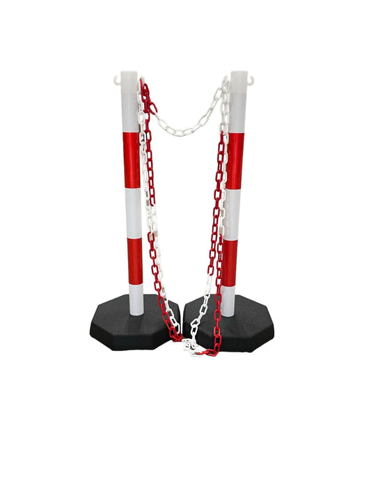 Pfosten & Kette Absperrset -Robust-, 2 Kunststoffpfosten inkl. 5m Kette (Rot/Weiß)