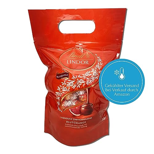 Lindt LINDOR Schokoladen Kugeln Blutorange | 1 kg Beutel, wiederverschließbar | ca. 80 Schokolade mit zartschmelzender Füllung | Großpackung, Pralinen-Geschenk