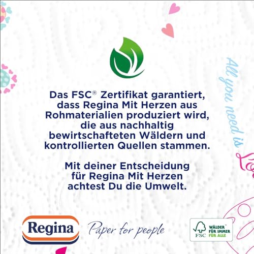 Regina mit Herzen Haushaltstücher 3-lagig, 32 Rollen-Packung (8 x 4 Einzelpackungen), 43 Blatt pro Rolle, Super saugfähig, Dick, Beständig, SC®-zertifiziertes Papier