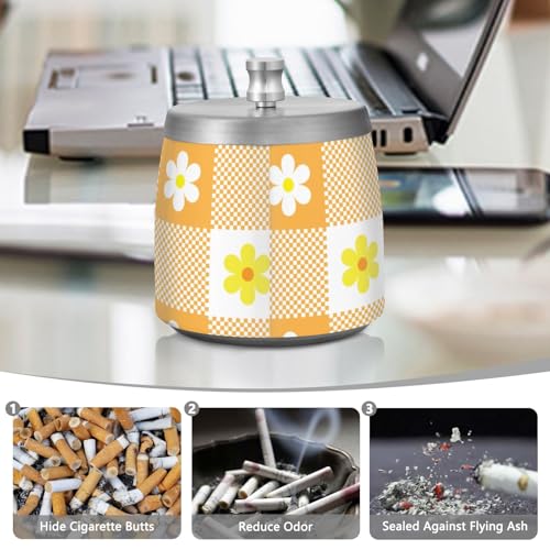 Orange Buffalo Plaid Schottenkaro Schottland Blume Edelstahl Outdoor Aschenbecher mit Deckel für Home Office Outdoor Balkon Einzigartiger rauchfreier Tisch Zigarette Aschenbecher für Zigarettenraucher