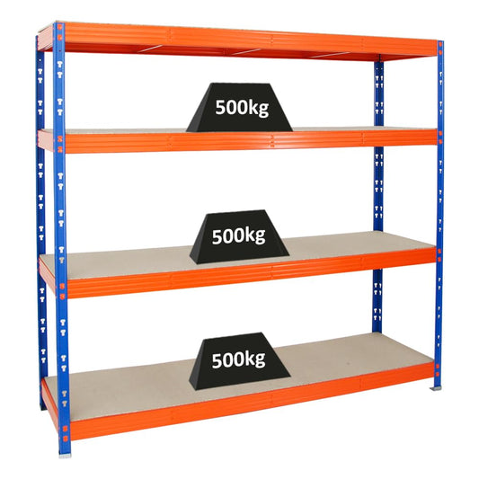 PROREGAL Schwerlastregal RHINO in Blau/Orange, 180x200x60 cm, 4 Ebenen mit 8 mm Spanplatten, Stecksystem, Tragkraft 500 kg pro Ebene