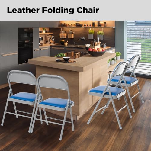 Generisch 4er-Pack Klappstühle mit gepolsterten Sitzen, gepolsterter Klappstuhl mit Stahlrahmen für Veranstaltungen im Home Office, Klappstuhl aus Pu-Leder, blau