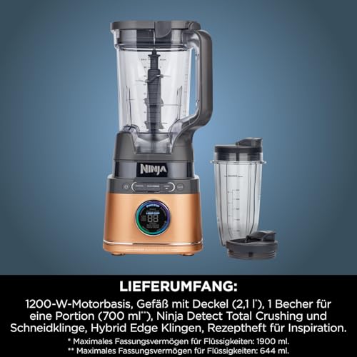 Ninja 2-in-1 Detect Power Mixer Pro & Single Serve, 1200W Mixer mit Krug, & Single Serve Behälter, Smoothies mixen, Gemüse hacken & Frozen Drinks mixen, Kupfer/Schwarz, TB301EUCP