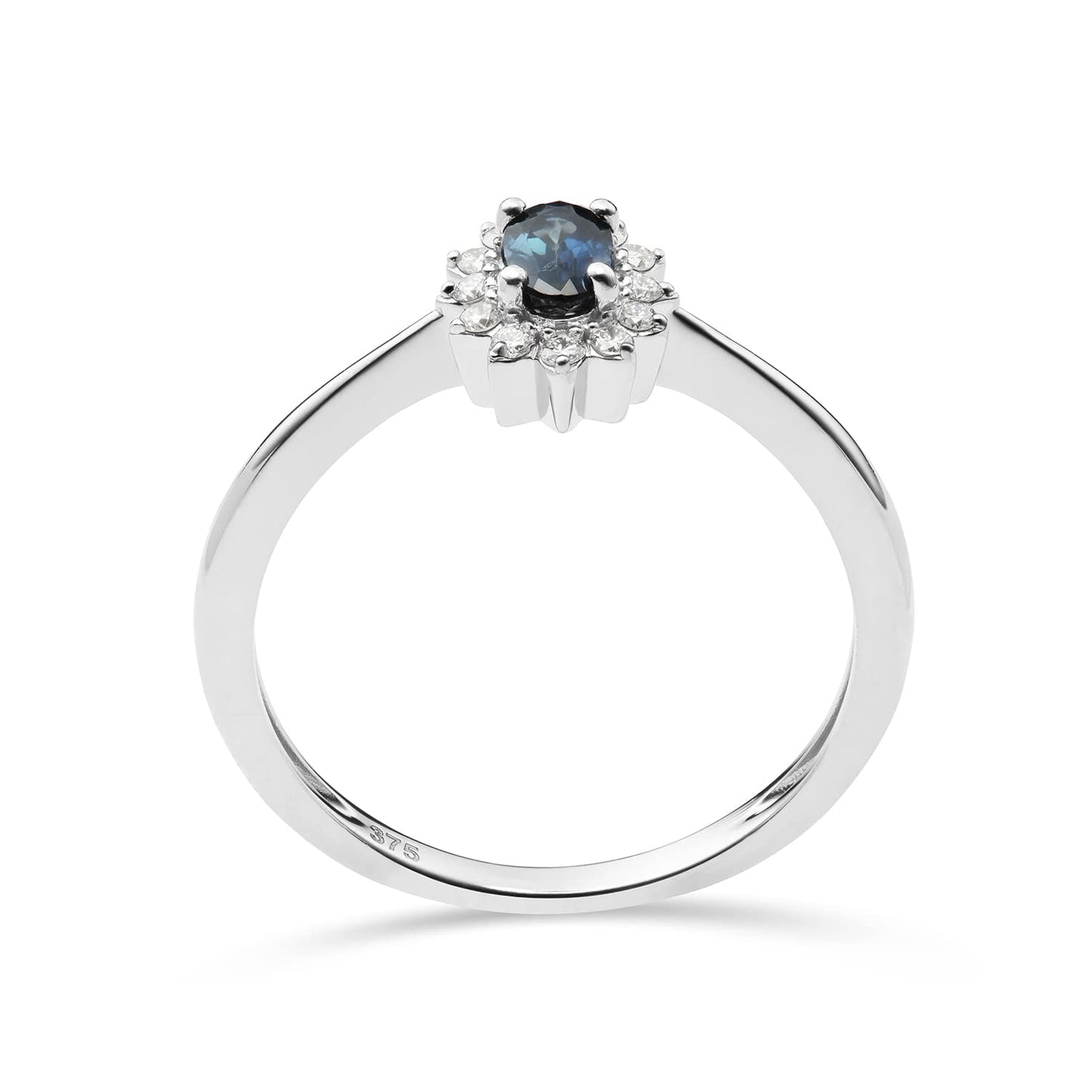 MIORE Schmuck Damen 0.07 Ct Diamant Blume Verlobungsring mit Edelstein Geburtsstein natürlicher ovaler blauer Saphir umgeben von 12 Diamanten Brillanten klassischer Ring aus Weißgold 9 Karat 375 Gold