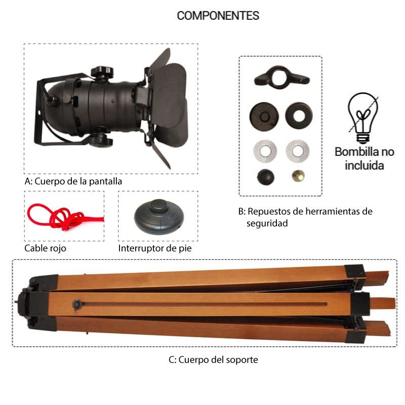 Barcelona LED Vintage Stehleuchte Tripod Stehlampe Deckenfluter im Cinema Stil, mit Dreifuß aus Holz Stativ Holz, Studiolampe, Studioleuchte, Wohnzimmerlampe, Wohnzimmerleuchte, LV 234