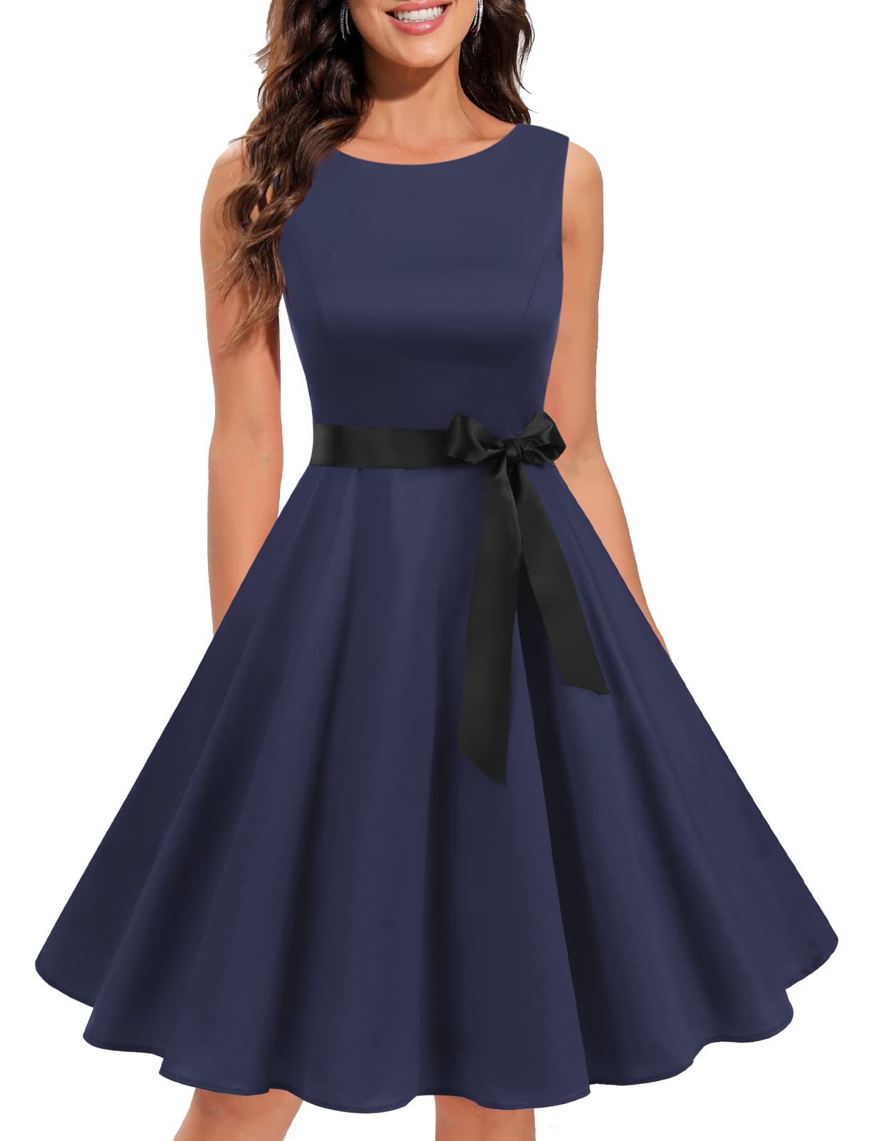 Gardenwed Damen 1950er Vintage Cocktailkleid Rockabilly Retro Schwingen Kleid Faltenrock Navy XL