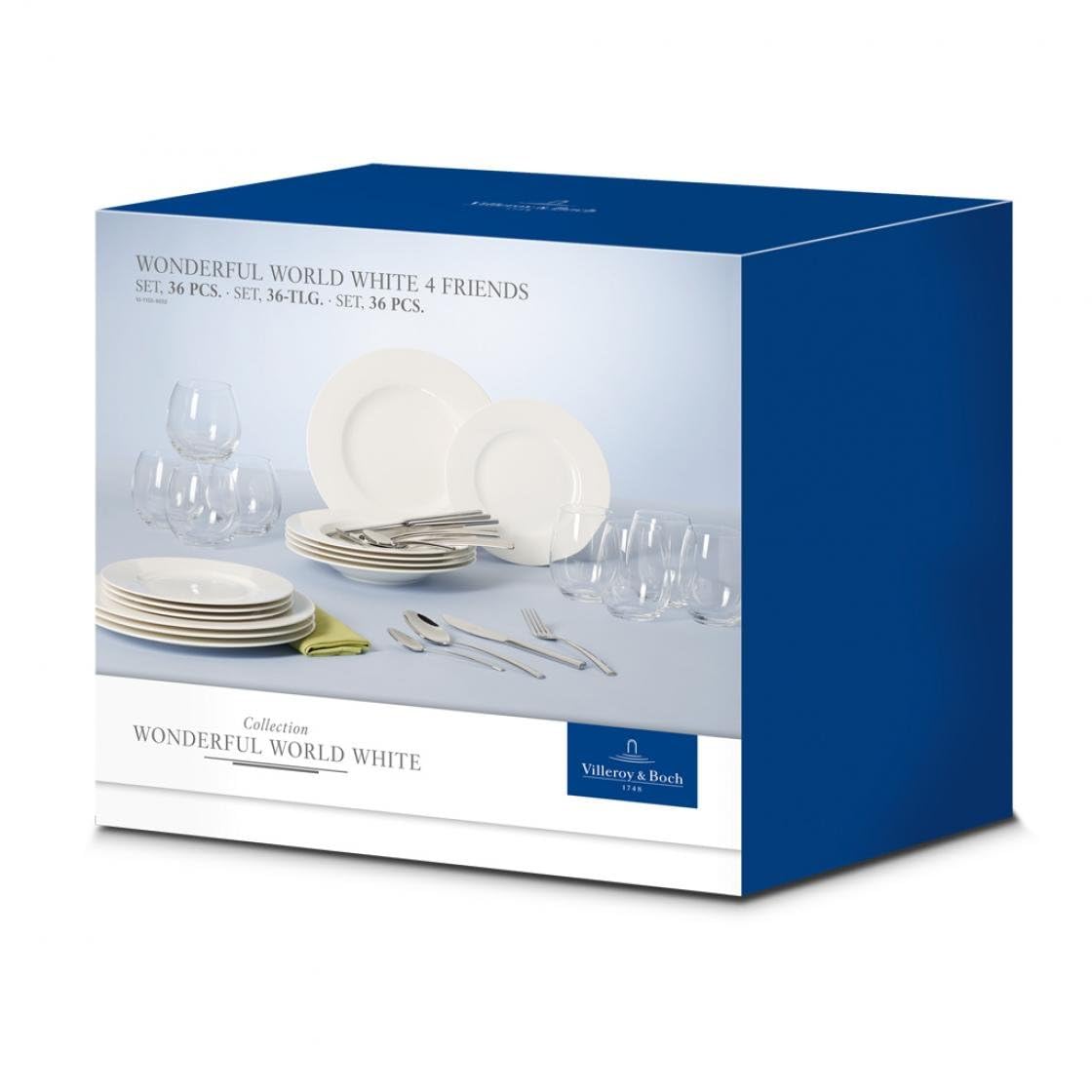 Villeroy und Boch - Wonderful World White 4 Friends Tafel Set, 36 tlg. Service für Feste, Premium Porzellan, weiß, 18/10 Edelstahl, Kristallglas