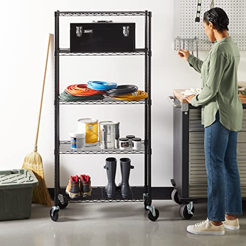 Amazon Basics Lagereinheit mit 5 Regalböden, auf 10,2 cm großen Rollen, mit höhenverstellbaren Einlegeböden und Nivellierfüßen, Maximalgewicht 680 kg, Schwarz, 35.6 x 76.2 x 162.2 cm (T x B x H)