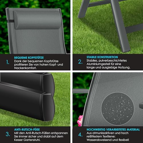 KESSER® Gartenstuhl Hochlehner mit Armlehnen Aluminium Klappstuhl mit Kopfkissen & Cover Campingstuhl 7-Fach Verstellbar Rückenlehne Atmungsaktiv & Wetterfest Klappbar & Anti-Rutsch Anthrazit