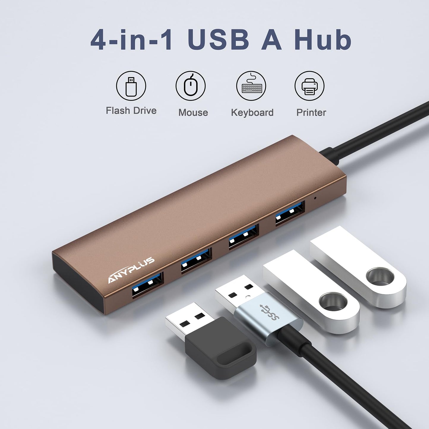 ANYPLUS USB Hub 3.0, USB Verteiler Aluminiumlegierung Ultra Slim USB Splitter, Tragbarer 4 Port USB-Hubs, USB Mehrfachstecker für Laptop, PC, iMac, Mac Pro,Surface Pro, MacBook, Flash Drive【Braun】