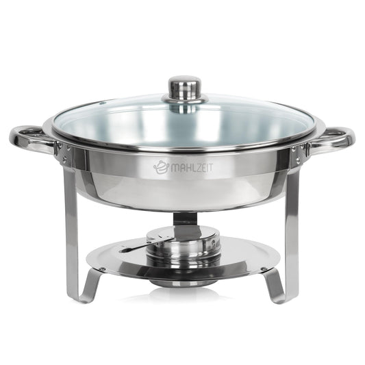 Mahlzeit Edelstahl Chafing Dish rund 4 Liter | Speisenwärmer, Wärmebehälter, Bain Marie Rechaud | Warmhaltebehälter, Chafing Dishes für Buffet Catering Gastro und Party, GN Behälter