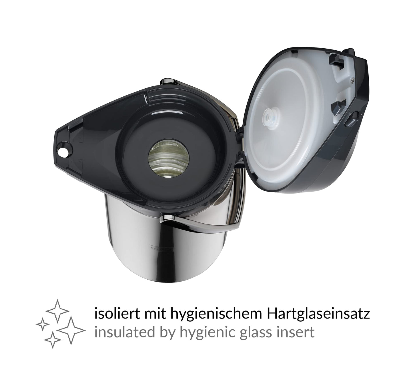 alfi GETRÄNKESPENDER 2,2 Liter, Pumpkanne aus poliertem Edelstahl mit Hartglaseinsatz, integrierte Pumpe, hält 12 Stunden warm, 24 Stunden kalt, für 18 Tassen, 360° drehbarer Boden, ideal für Catering