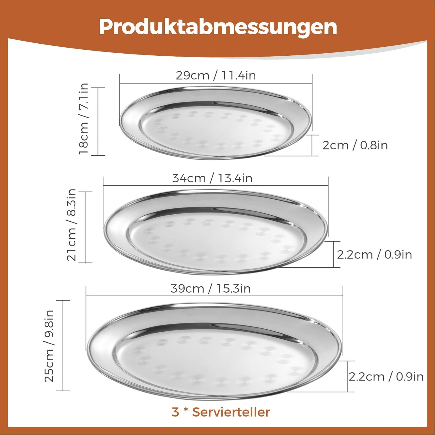 3 Stück ovale Edelstahl-Servierplatten, lebensmittelechte Metall-Servierplatte, großes Brutzel-Serviertablett, Kellnertablett, hochglanzpoliertes Edelstahl-Lebensmitteltablett für Abendessen, Partys