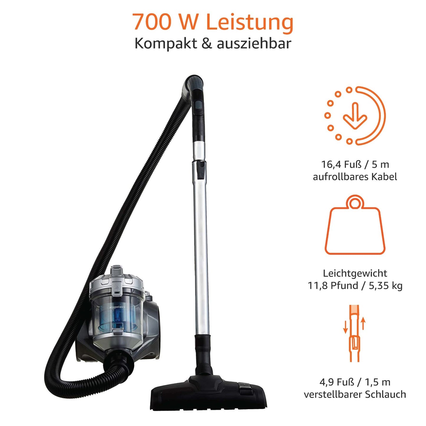 Amazon Basics – Zylinder-Staubsauger, leistungsstark, kompakt und leicht, ohne Beutel, für Hart- und Teppichböden, HEPA-Filter, 700 W, 1,5 l, EU, Schwarz/Blau