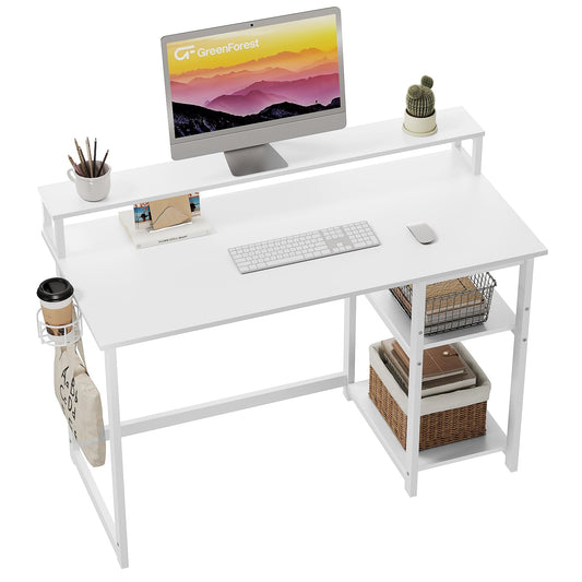 GreenForest 100 x 50 cm Schreibtisch Weiß mit Regal und Monitorständer, Kleiner Schreibtisch Klein, Sekretär Schreibtisch Weiss, Bürotisch für Home Office, Reinweiß