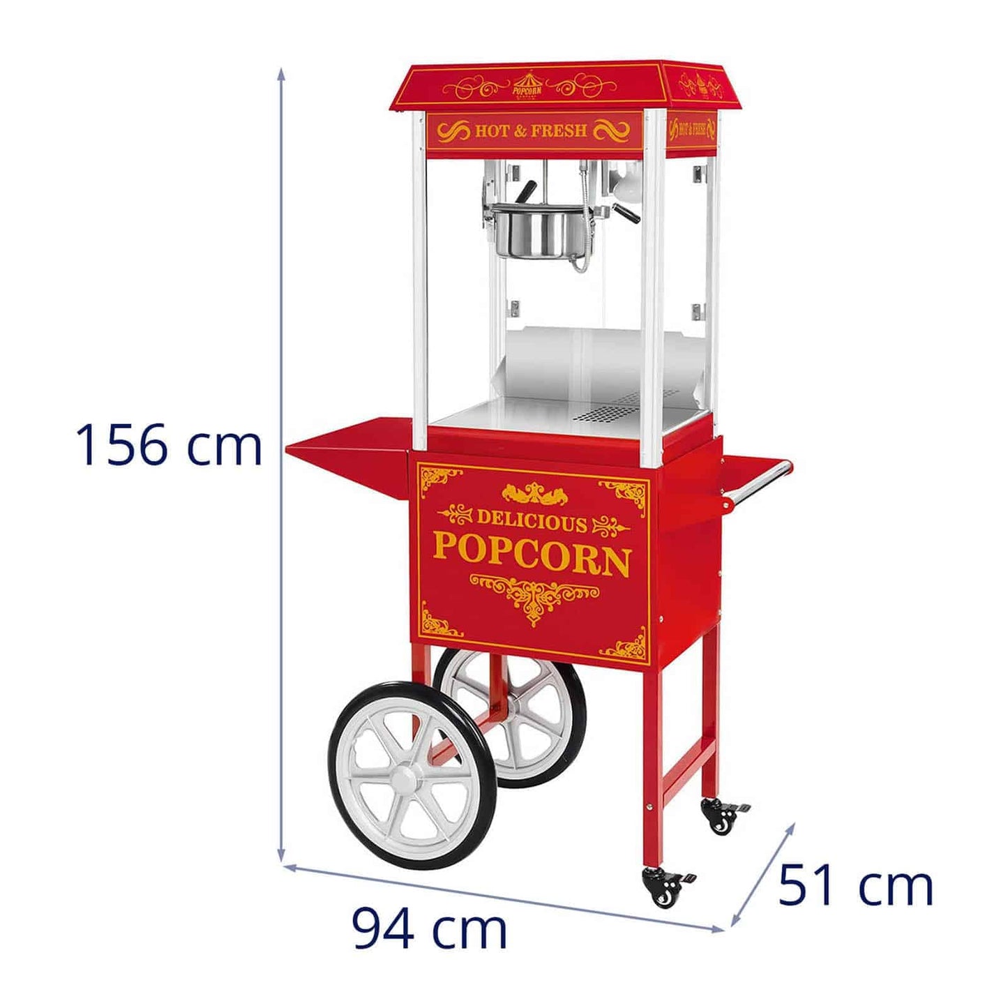 Royal Catering RCPW-16.3 Popcornmaschine Popcornmaker mit Wagen (1500 W, 5 kg/h 16 l/h, Topfbeschichtung Teflon) Retro Rot