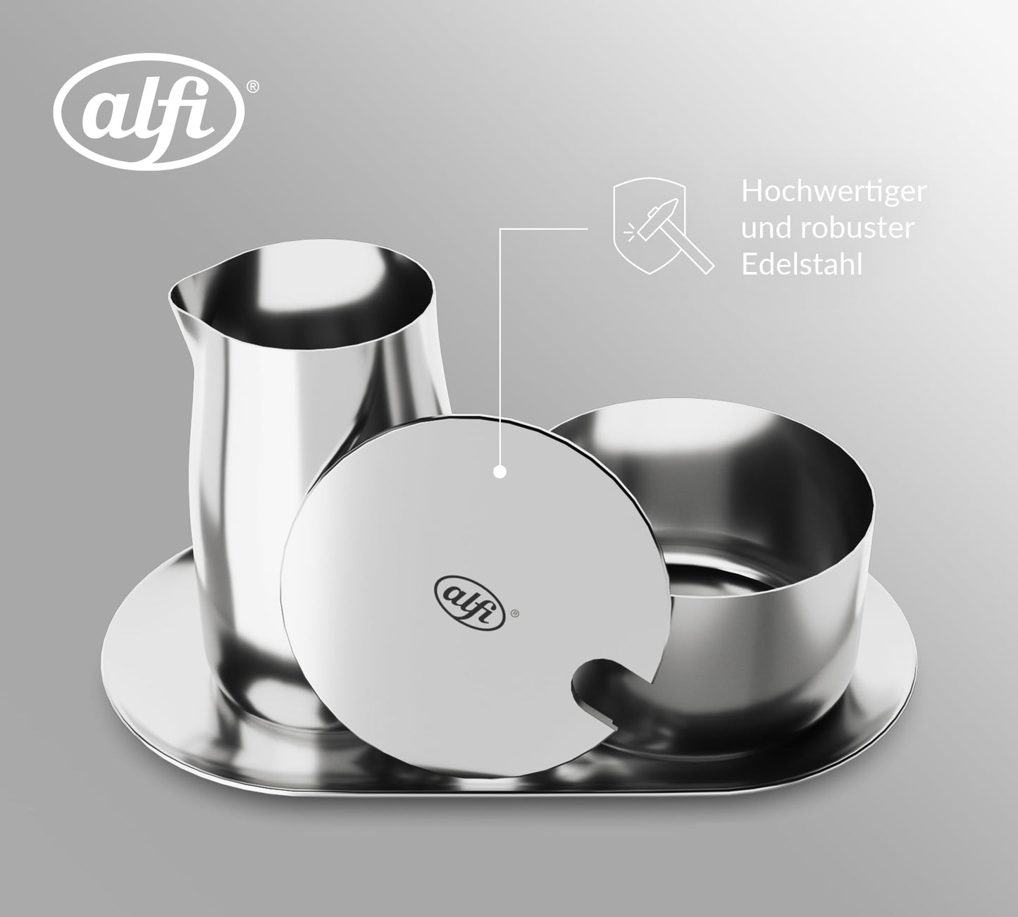 alfi MILK AND SUGAR SET, glänzend, hochwertiges Edelstahl-Milch- und Zuckerset, stilvolles Design, spülmaschinenfest, langlebig