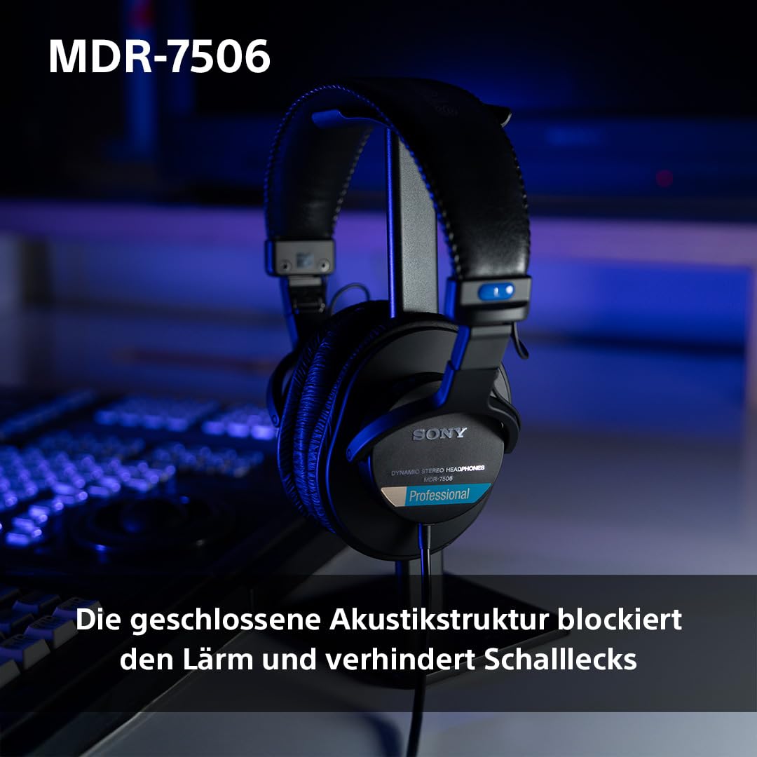 Sony MDR-7506 Studio-Monitor-Kopfhörer, geschlossen, kabelgebunden, 10 Hz-20 kHz, 63 Ohm, leichtes, faltbares Design (227 g), ideal für Studioaufnahmen und -abmischungen, inkl. Tasche, schwarz