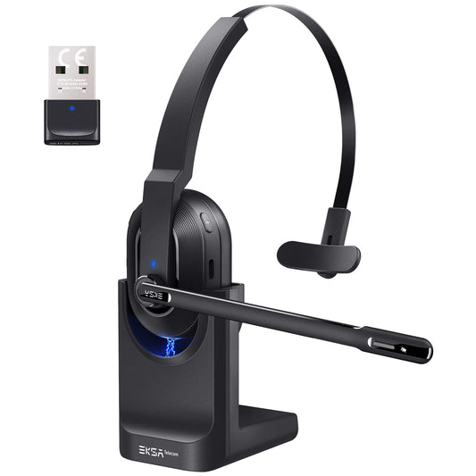 EKSA H5 Bluetooth PC Headset mit Mikrofon & USB Dongle [45 Stdn Spielzeit & 10M Reichweite] Mono mit Ladestation & AI Rauschunterdrückung Mic, Wireless Business Headphones für Büro/HomeOffice