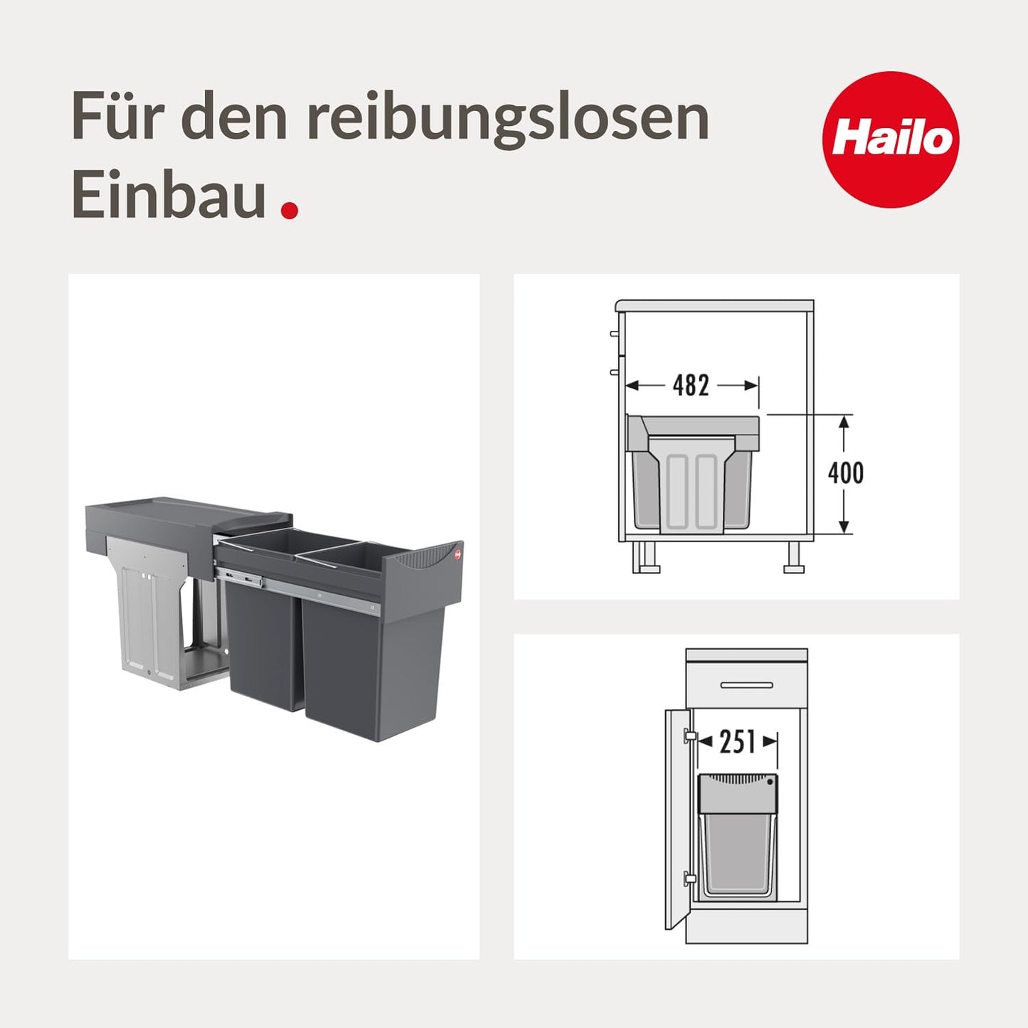 Hailo Abfallsammler Tandem 3666101 | Abfalleimer für Schränke ab 300 mm Breite mit Drehtür | Einbau Mülleimer mit 2x 15L Trennung | Mülltrennung als Vollauszug mit Teleskopschienen | Dunkelgrau