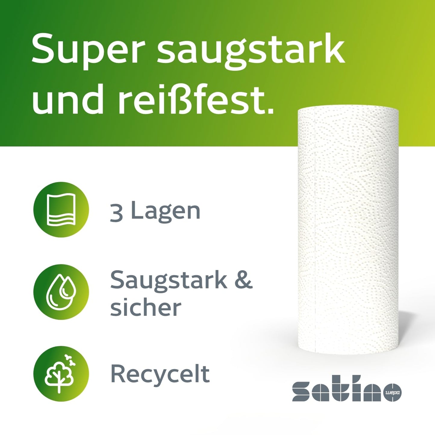 Küchenrolle 3-lagig – 32 Rollen – 64 Blatt pro Rolle - Ø: 10,5 cm/Höhe: 26 cm - saugstark, reißfest & besonders weich dank Zellstoff – Made in Germany - Küchentücher Vorrat – Reserve - Satino