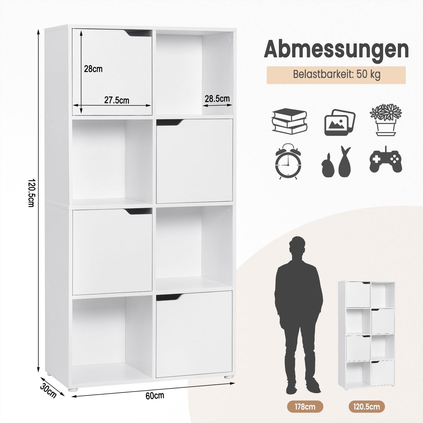 WOLTU 8-Fächer-Bücherregal, Weiß, Würfelregal mit 4 Türen, Kompaktes Standregal für Wohnzimmer, Schlafzimmer und Büro, 60x120x30 cm