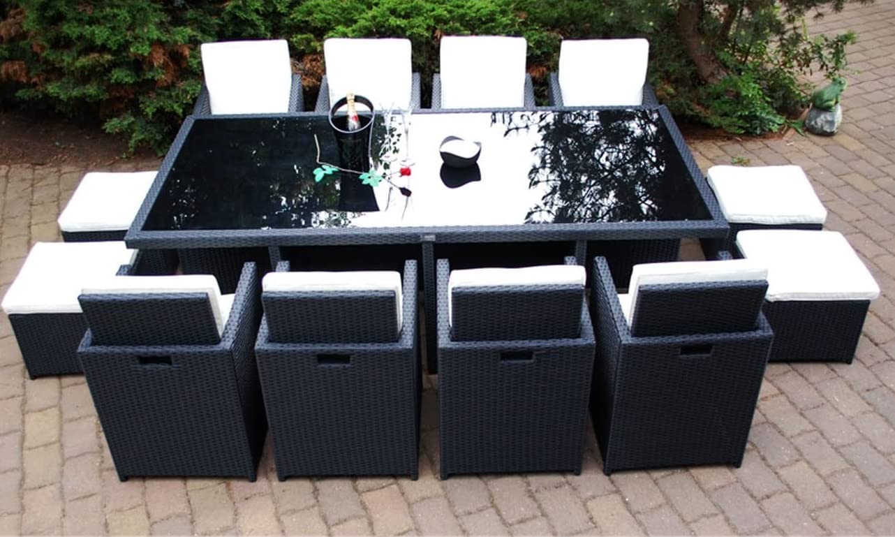 Ragnarök-Möbeldesign Wieland Premium PolyRattan Essgruppe - Deutscher Hersteller - 8 Jahre GARANTIE - Tisch Stuhl Hocker schwarz Aluminium