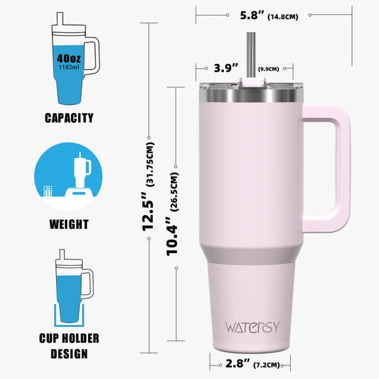 WATERSY 40oz Kaffeebecher to Go Thermobecher Doppelwandiger Edelstahl Vakuum Auslaufsicher Trinkbecher mit Griff und Strohhalm Thermo Tumbler Rosenpulver