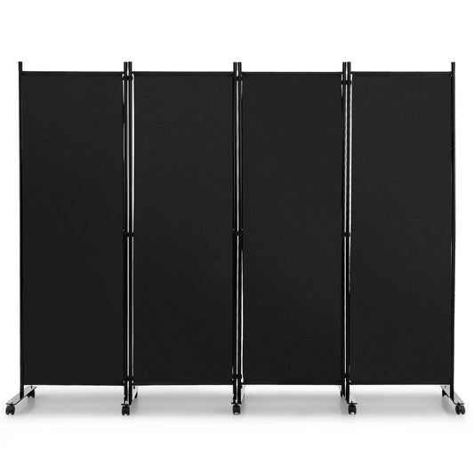 COSTWAY 225 x 173 cm Raumteiler auf Rollen, Paravent 4-teilig, Trennwand faltbar, aus Stoff, Sichtschutz für mehr Privatsphäre und Flexibilität (Schwarz)
