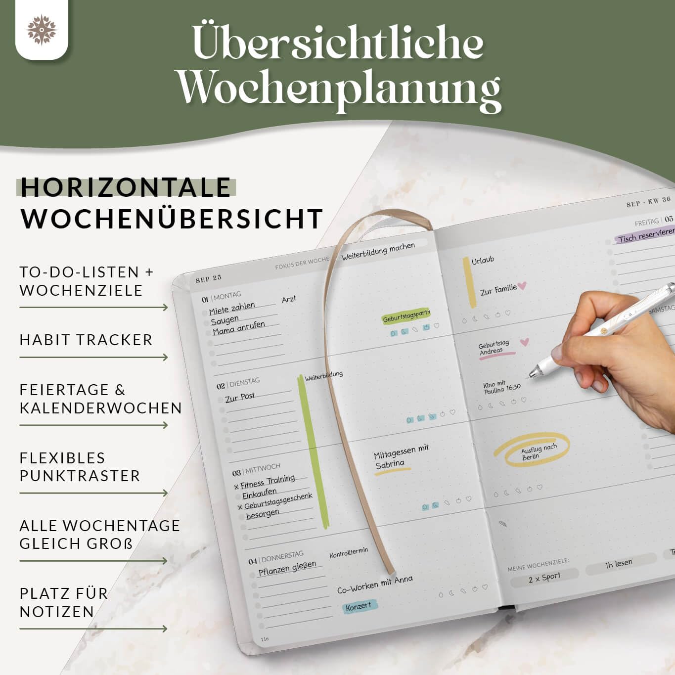 Lebenskompass Kalender 2025 Buchkalender A5 "ROSENBLATT" - Schöner Wochenkalender & Terminplaner 2025 - stabiles Hardcover - Taschenkalender 2025 - Buchkalender A5 + Viele Extras