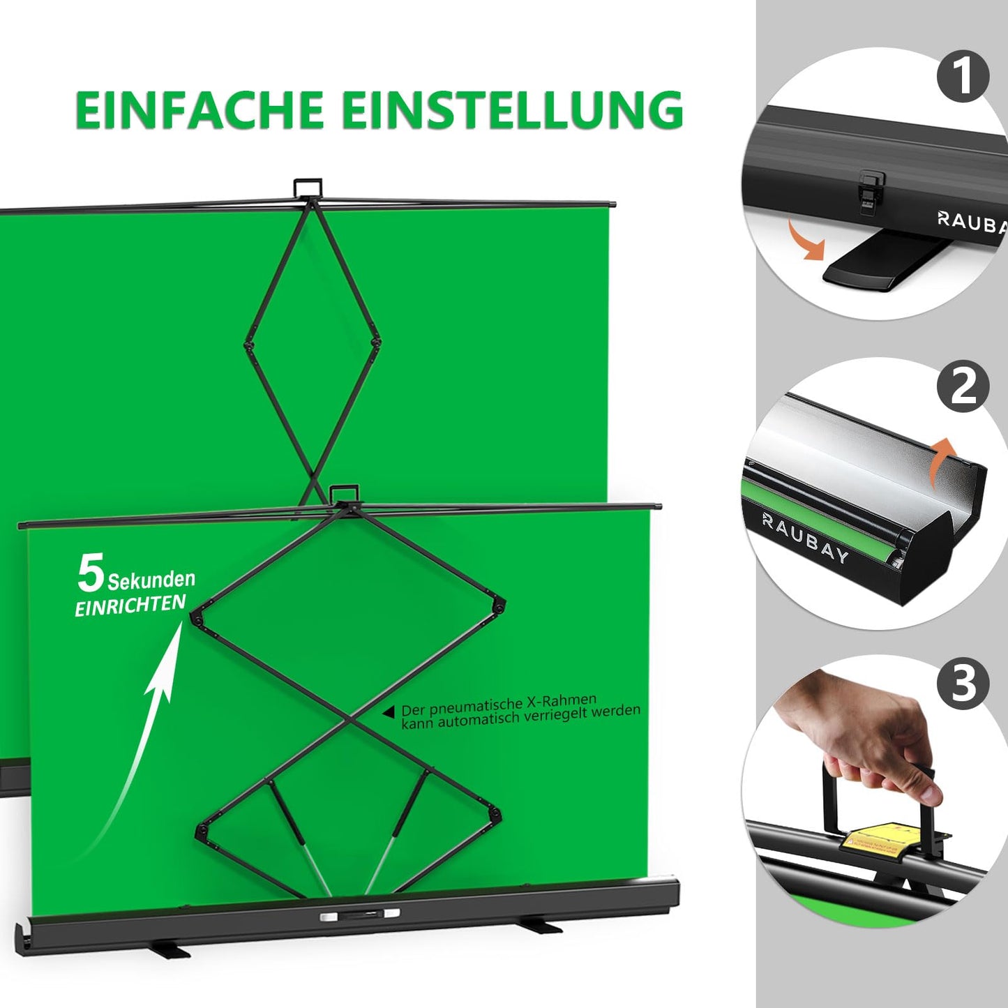 【Breiterer Stil】 RAUBAY 200x210cm Großer zusammenklappbarer Grün Hintergrund Greenscreen, tragbarer ausziehbarer Chroma-Key-Panel Fotohintergrund mit Ständer für Videokonferenzen, Fotostudio.