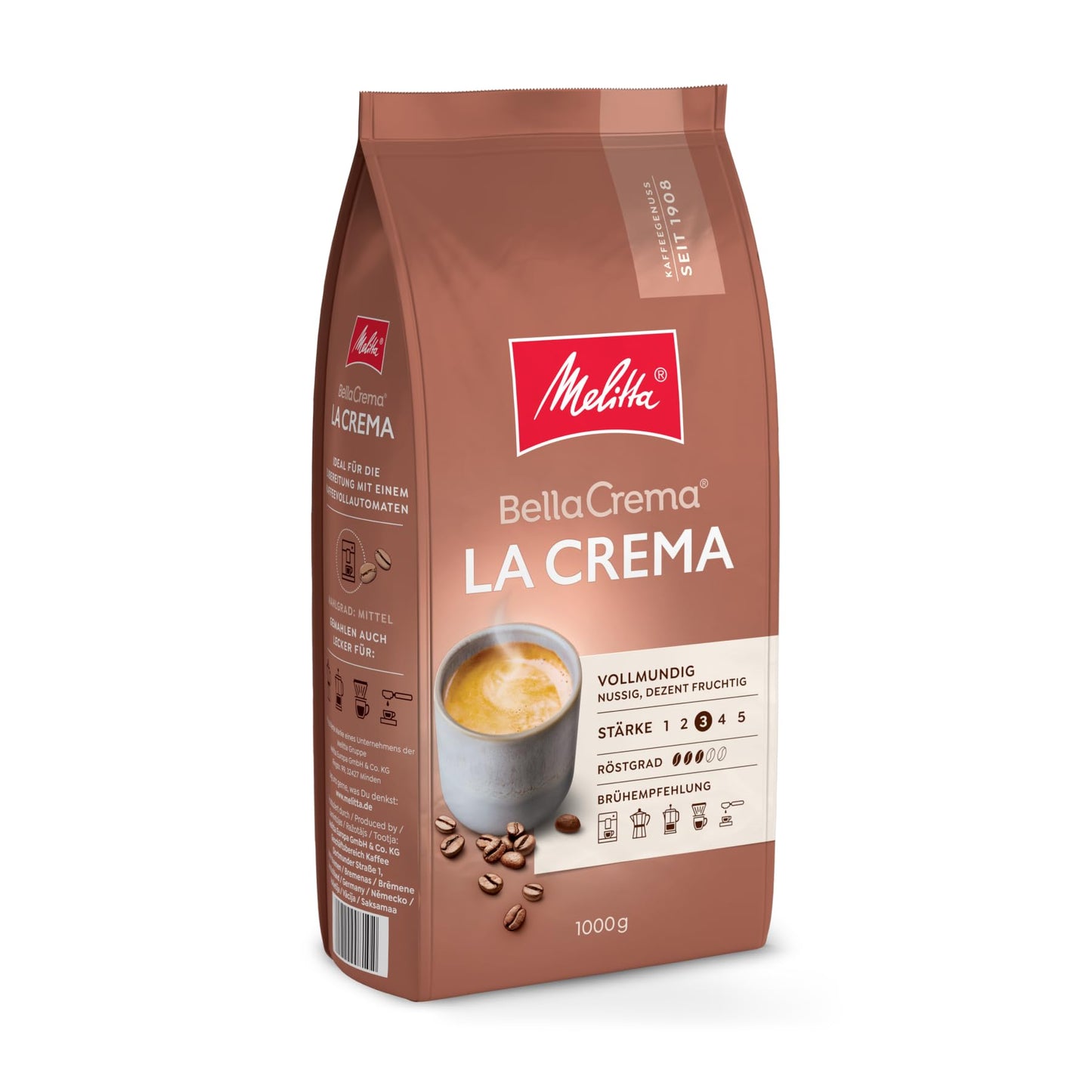 Melitta BellaCrema La Crema Ganze Kaffee-Bohnen 1kg, ungemahlen, Kaffeebohnen für Kaffee-Vollautomat, mittlere Röstung, geröstet in Deutschland, Stärke 3