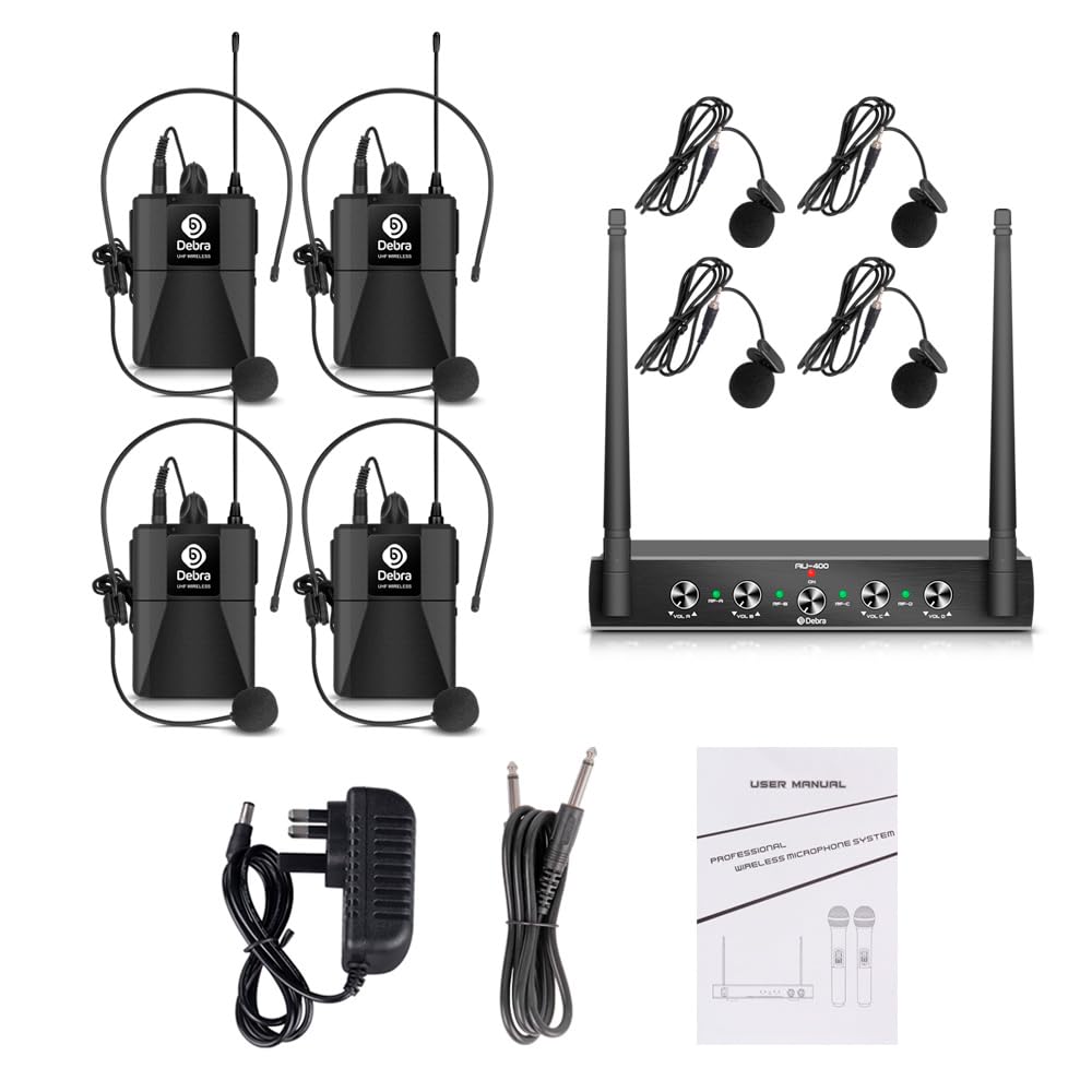 D Debra Wireless Microphone,AU400 UHF Funkmikrofonen System mit Bodypack Transmitter/Headset Funkmikrofon/Lavalier Ansteckmikrofonen für Gesang, Karaoke（4 Bodypack (B)）