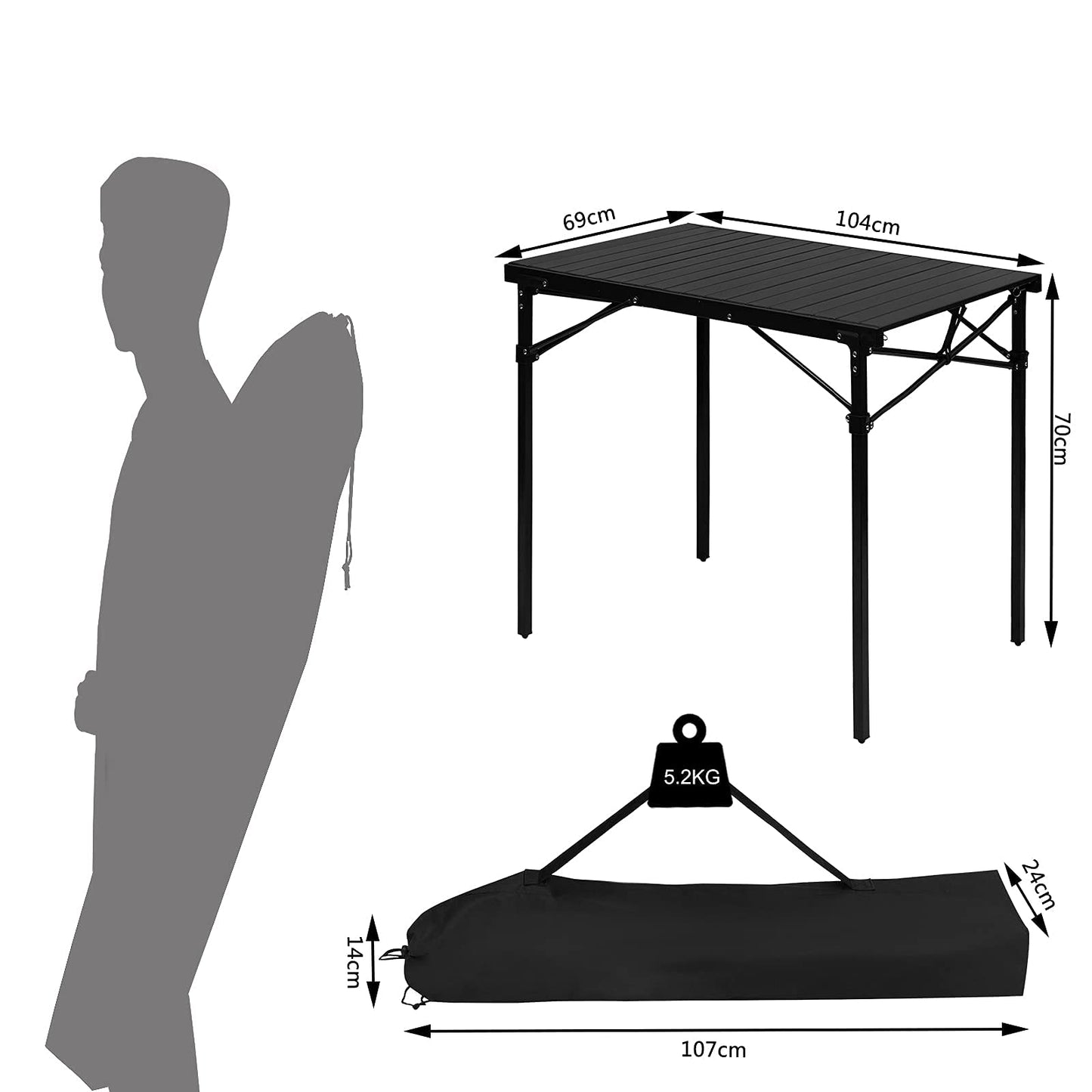 WOLTU Alu Tisch Campingtisch Buffettisch 104x69x70cm(LxBxH) zusammenklappbar und tragbar Reisetisch, hohe Tragfähigkeit und Stabilität, Schwarz CPT8134sz