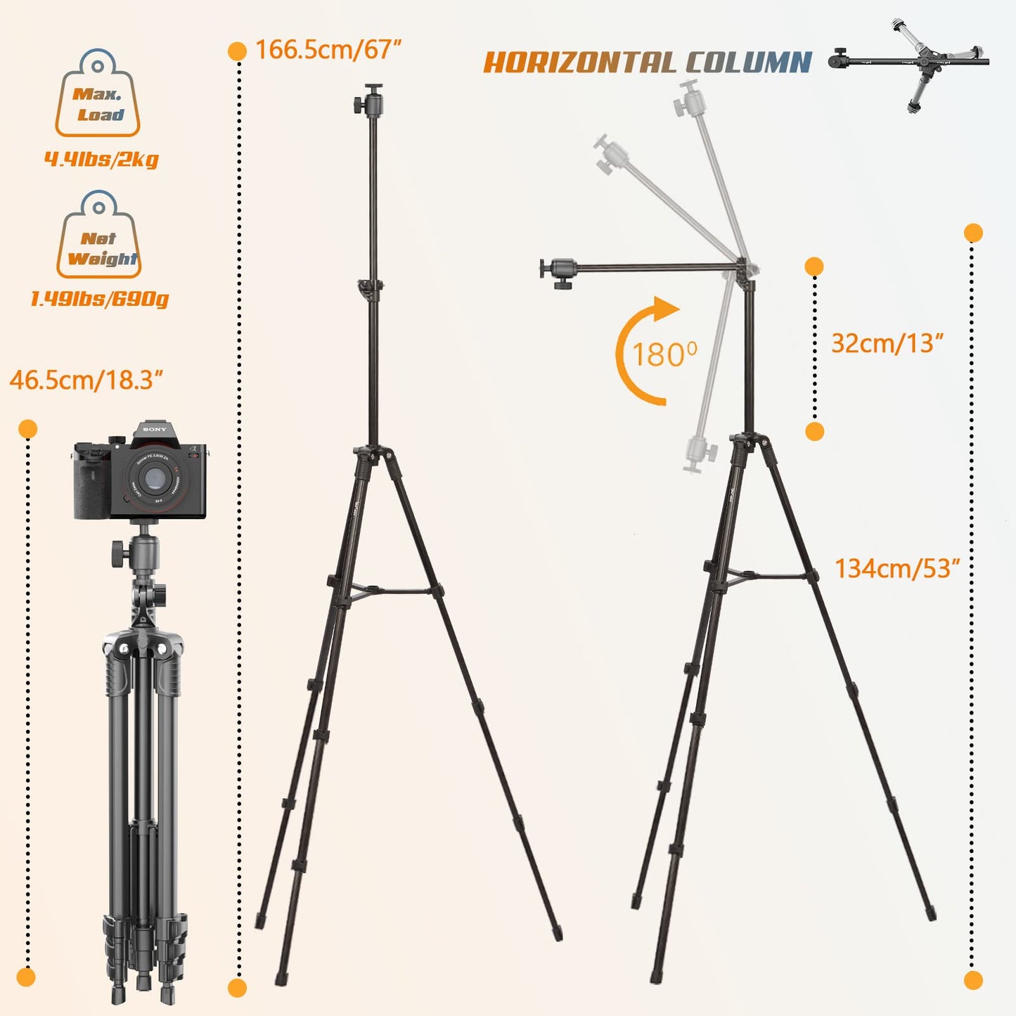 Handy Stativ, 167 cm Horizontal iPhone Stativ mit 360° Verstellbarem Kugelkopf und Fernbedienung für Kamera/iPhone/Webcam, Stativ für Videoaufnahmen mit Verlängertem Arm/Cliphalterung (Black)