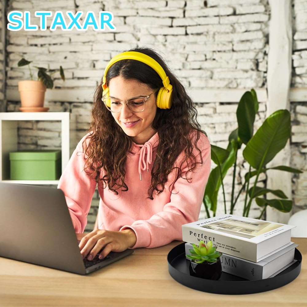 SLTAXAR Deko Tablett Rund Serviertablett Schwarz 30cm Rundes Tablett aus Edelstahl Dekoteller Schwarz Metall Make up Organizer Tablett Dekotablett Schwarz Matt Deko Tablett Metall für Schmuck Make-up