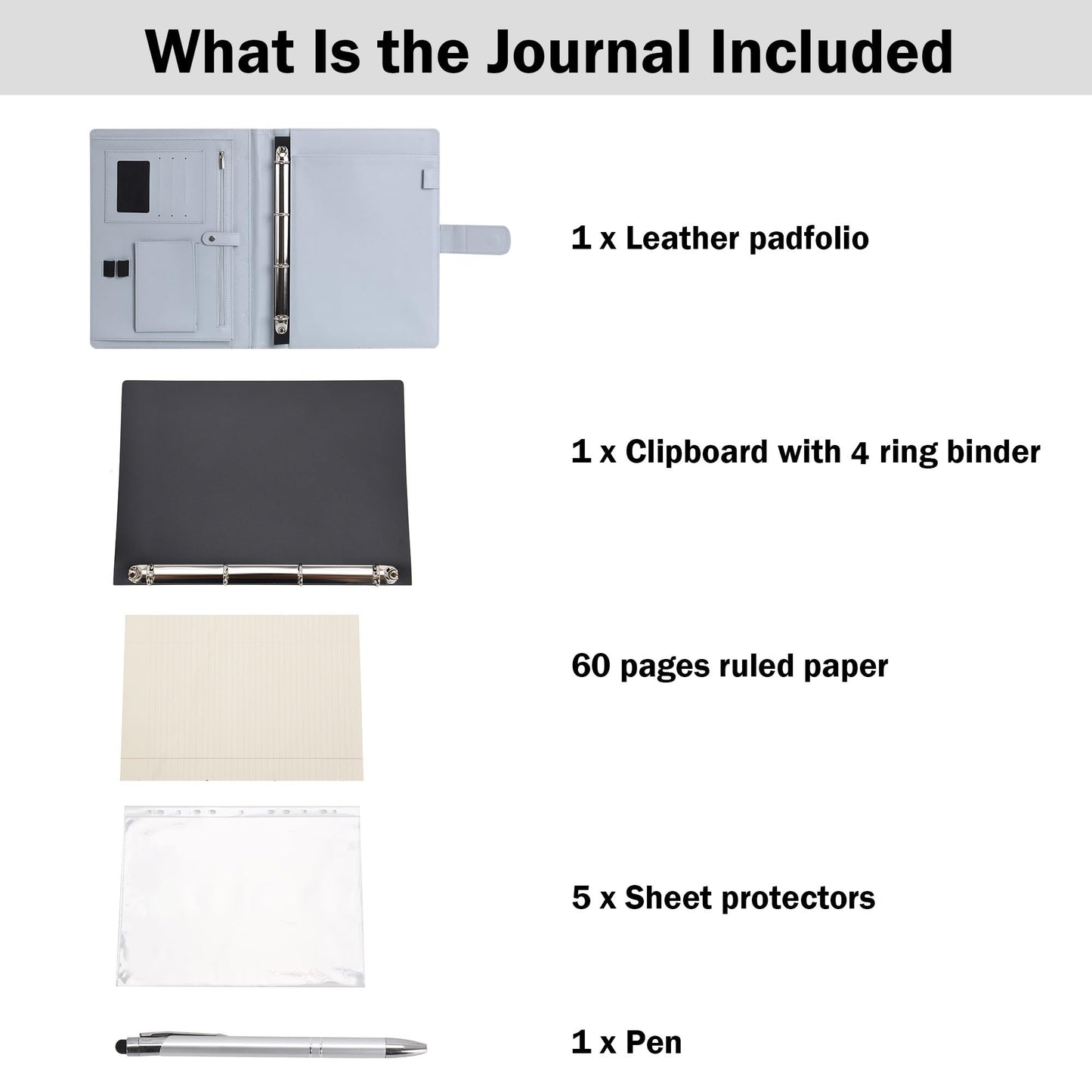 Wonderpool A4 PU Leder Ringhalter Schreibmappen Multi Dokumententasche mit Herausnehmbarem Binder Klemmbretter und funktioneller Tasche für Organizer Büro Reise Schule (Hellgrau)