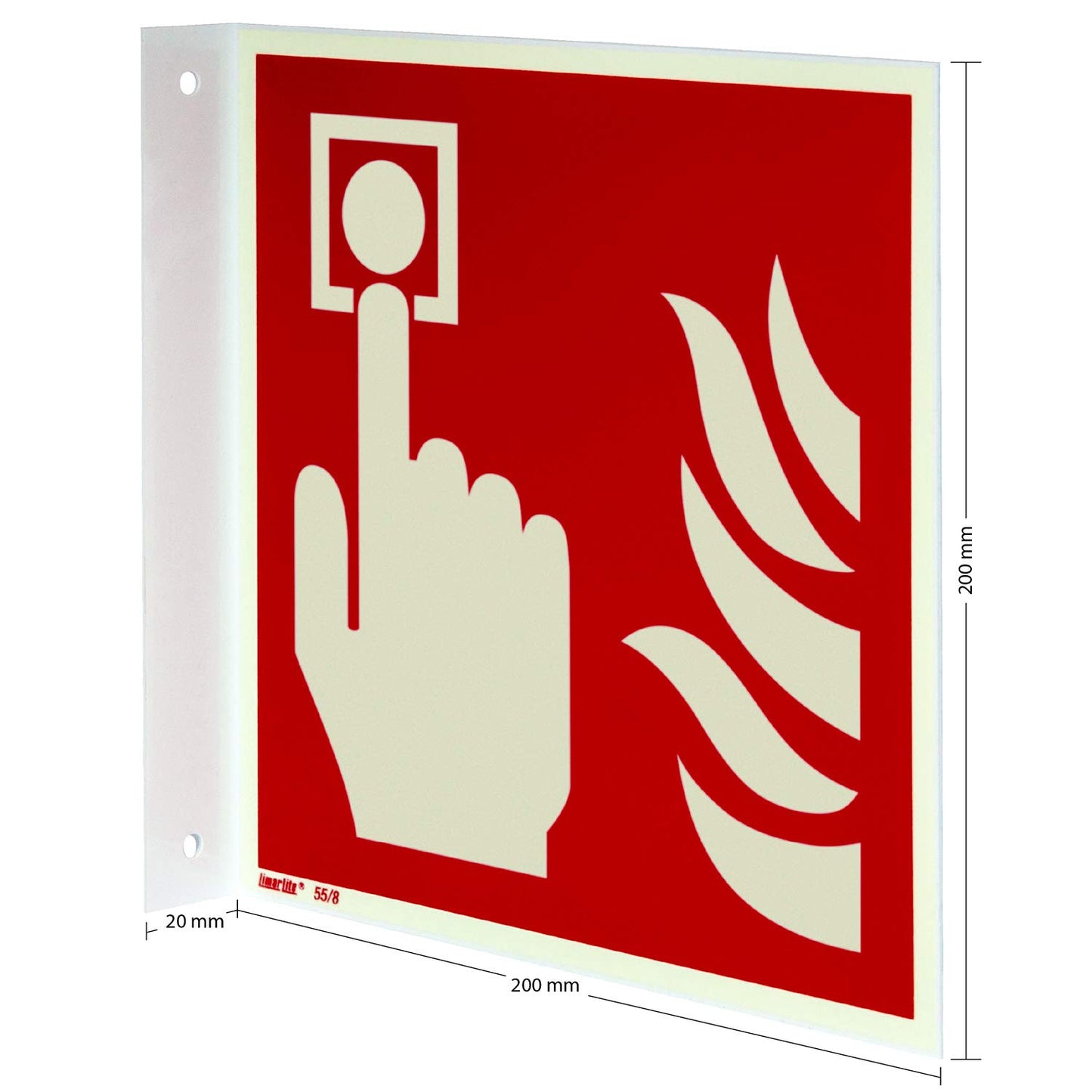 Brandmelder Fahnenschild, Hart-PVC langnachleuchtend, 200 x 200 mm gemäß ASR A1.3 / ISO 7010 F005, Brandschutzzeichen Schild, 20 x 20 cm