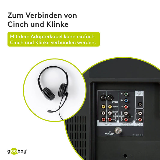 Goobay 50092 Audiokabel Klinke 3.5 mm auf Chinch Adapter, 3,5 mm AUX Buchse auf Chinch-Stecker (L / R), 0,2 m