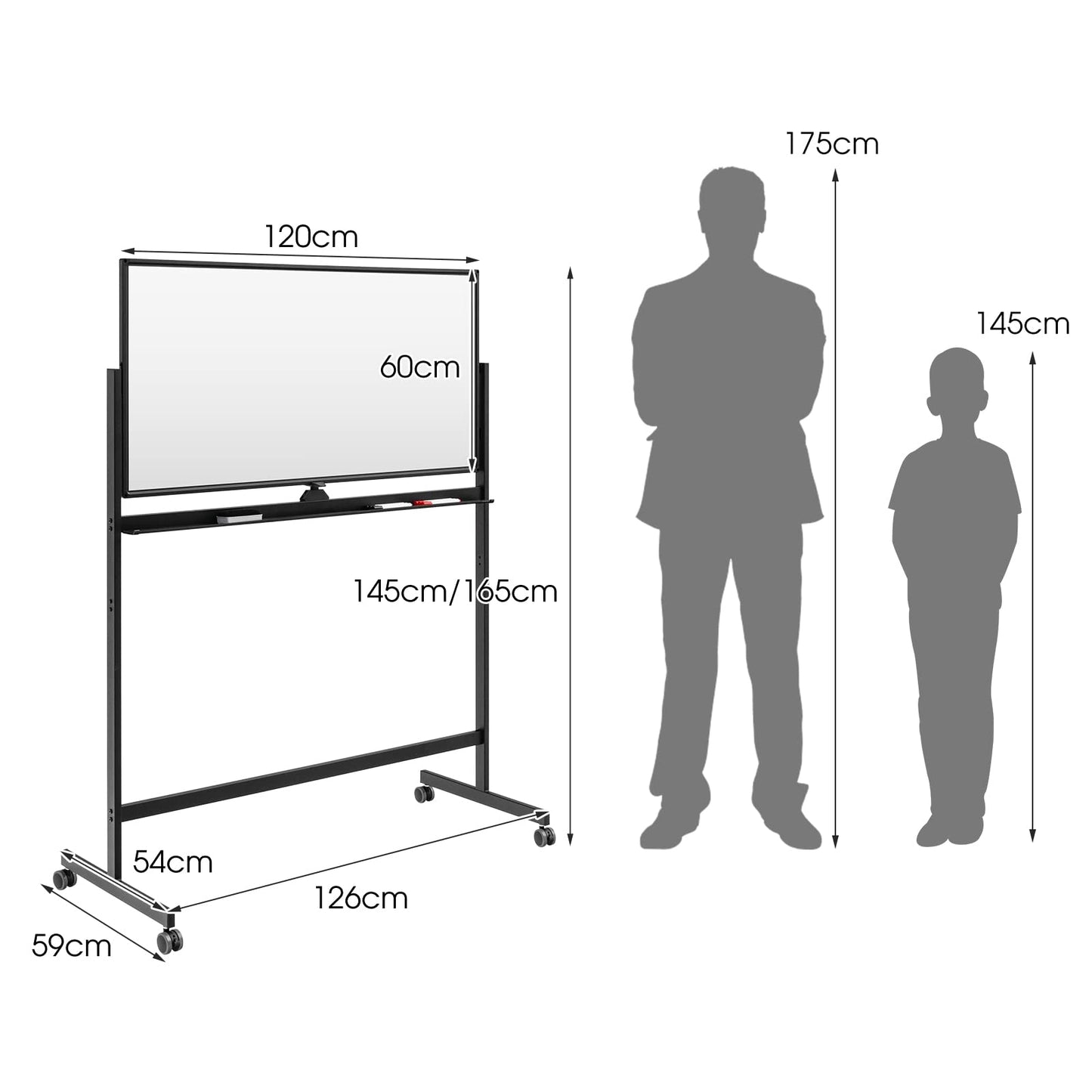 GOPLUS Whiteboard magnetisch mit Ständer, doppelseitiges Whiteboard mit Zubehör Set, Trocken abwischbar, mobiles Whiteboard höhenverstellbar, für Schule, Büro, Zuhause (Schwarz, 120 x 60cm)