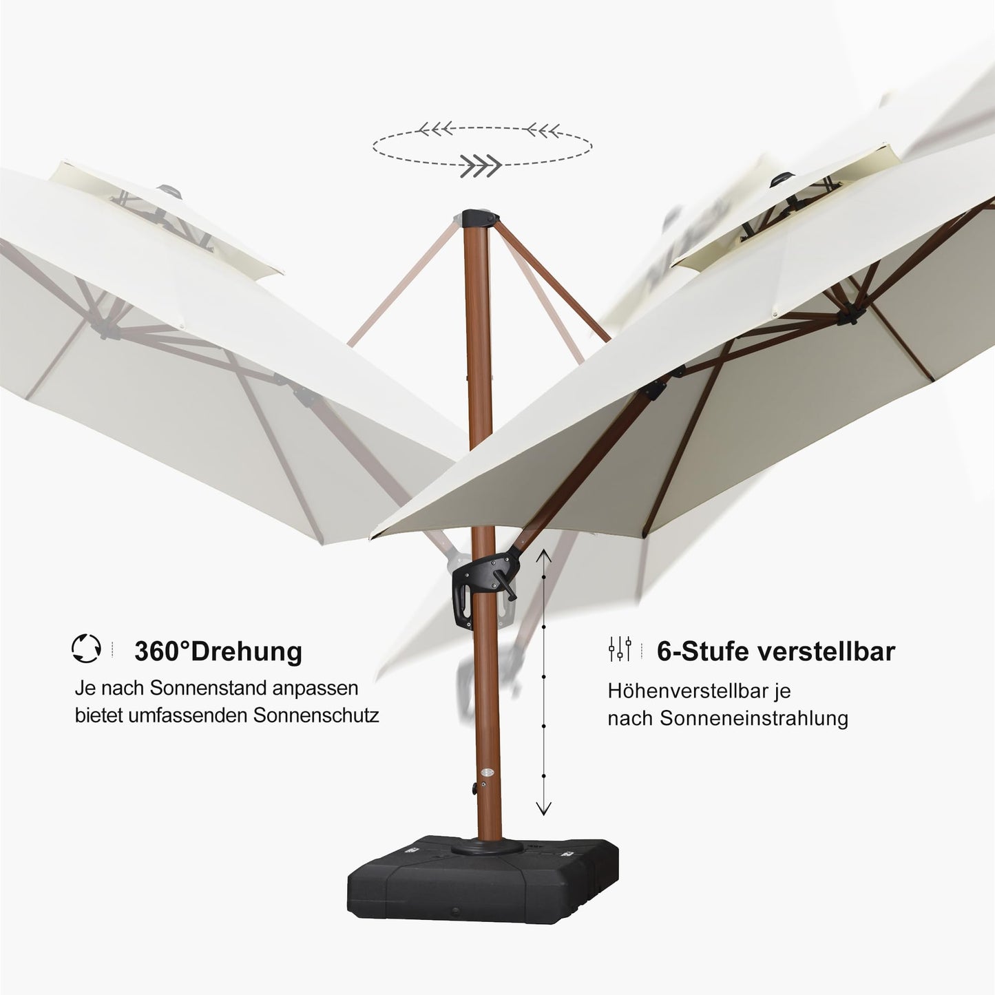 PURPLE LEAF Alu Holzoptik Sonnenschirm Groß Ampelschirm 300 x 300 cm mit Schirmständer Gartenschirm 360° Drehbar, Marktschirm mit Kurbel Doppeldach, XXL, Sonnenschutz UV50+, Cream